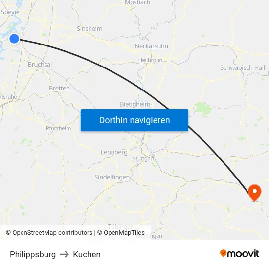 Philippsburg to Kuchen map