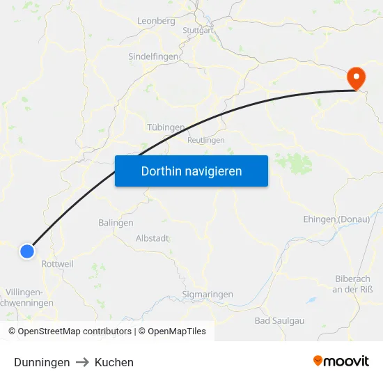 Dunningen to Kuchen map