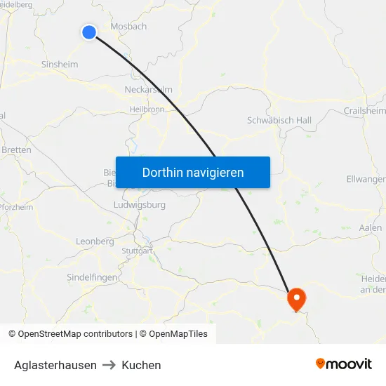 Aglasterhausen to Kuchen map