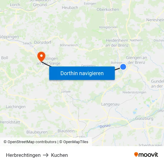 Herbrechtingen to Kuchen map