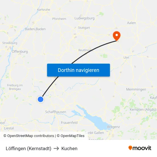 Löffingen (Kernstadt) to Kuchen map