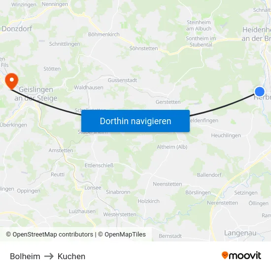 Bolheim to Kuchen map