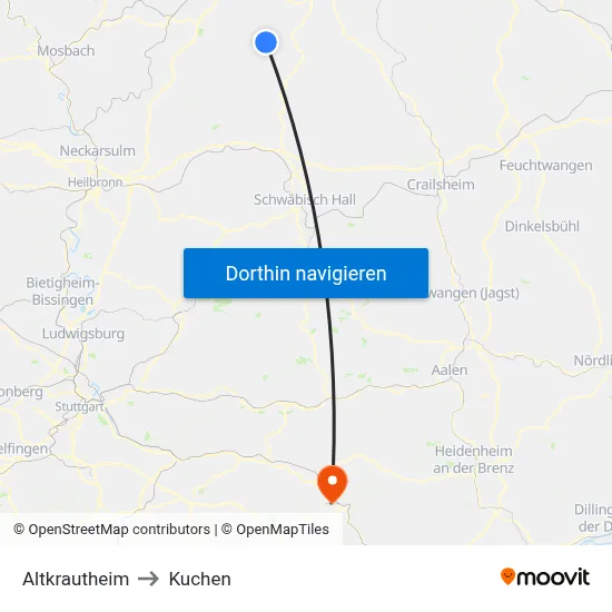 Altkrautheim to Kuchen map