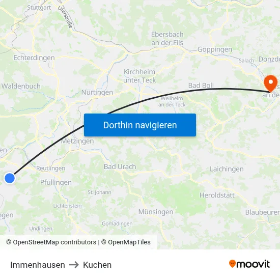 Immenhausen to Kuchen map