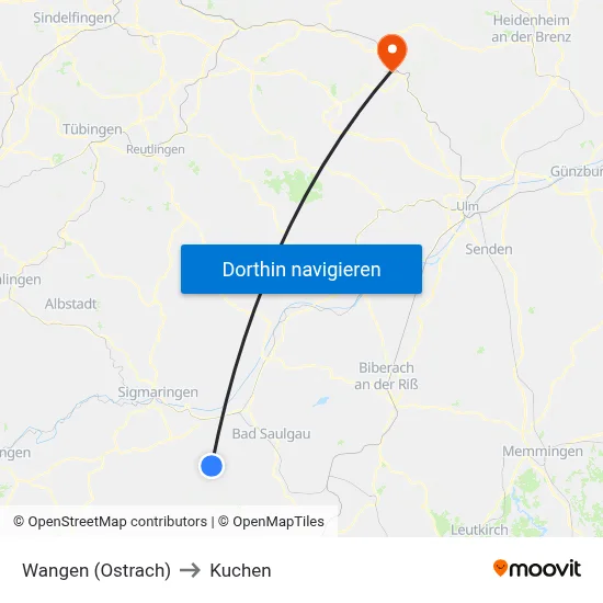 Wangen (Ostrach) to Kuchen map