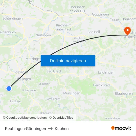 Reutlingen-Gönningen to Kuchen map