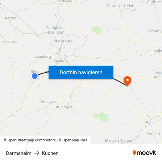 Darmsheim to Kuchen map
