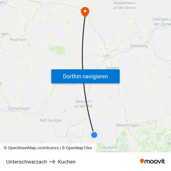 Unterschwarzach to Kuchen map