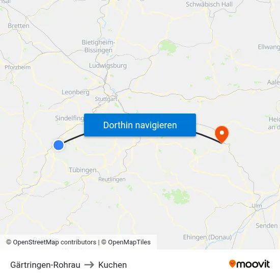 Gärtringen-Rohrau to Kuchen map