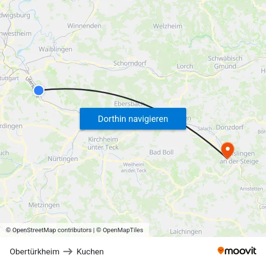 Obertürkheim to Kuchen map
