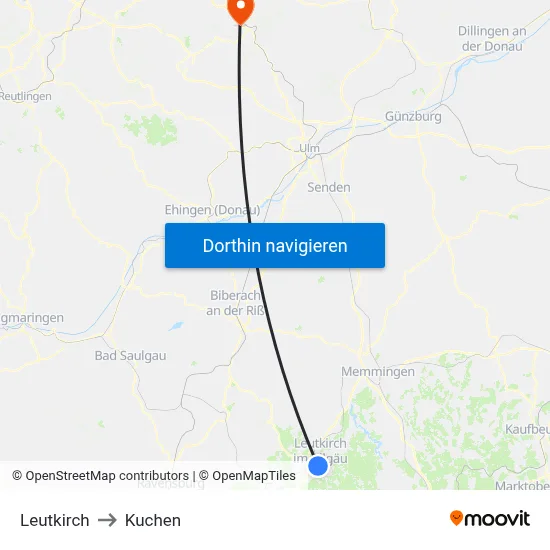 Leutkirch to Kuchen map