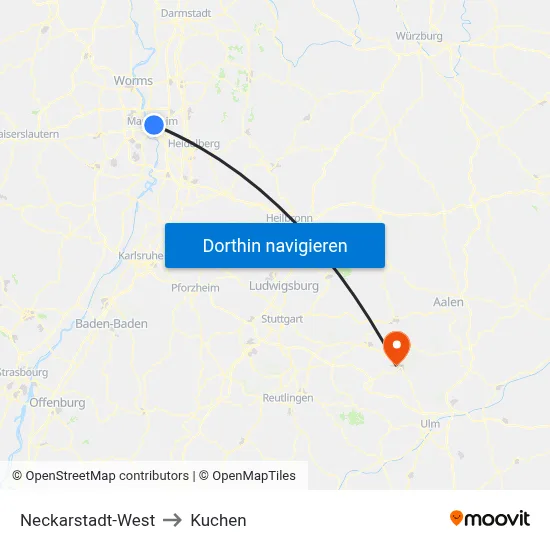 Neckarstadt-West to Kuchen map
