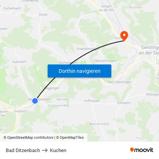 Bad Ditzenbach to Kuchen map