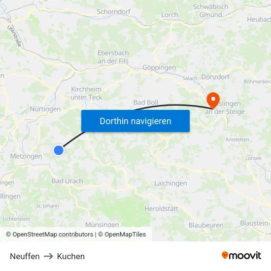 Neuffen to Kuchen map