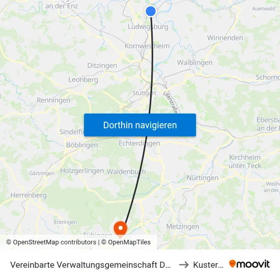 Vereinbarte Verwaltungsgemeinschaft Der Stadt Freiberg am Neckar to Kusterdingen map