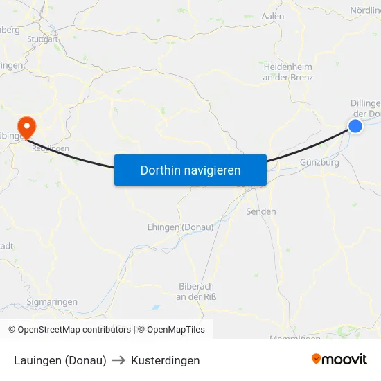 Lauingen (Donau) to Kusterdingen map