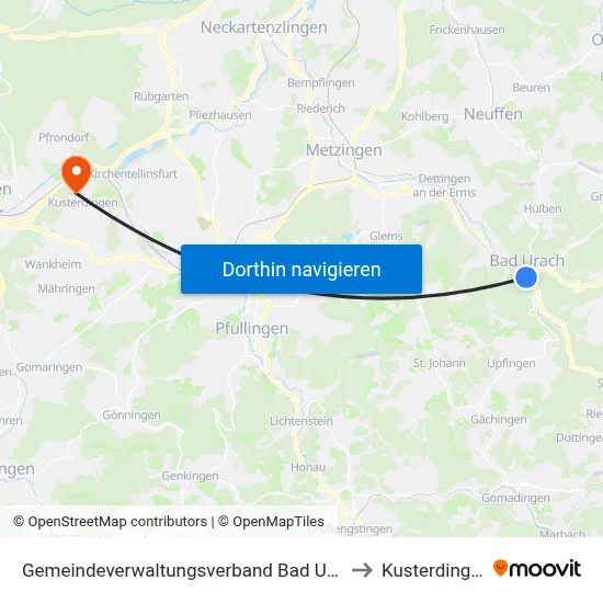 Gemeindeverwaltungsverband Bad Urach to Kusterdingen map