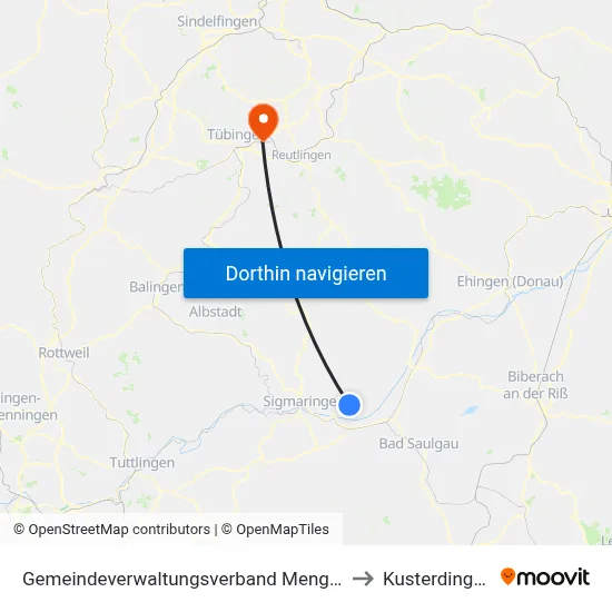 Gemeindeverwaltungsverband Mengen to Kusterdingen map