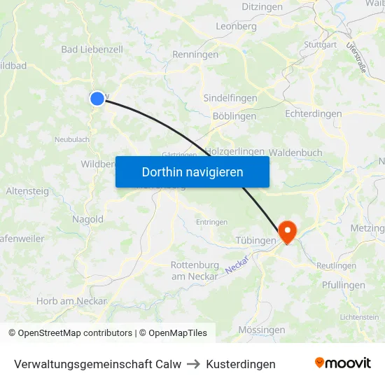 Verwaltungsgemeinschaft Calw to Kusterdingen map