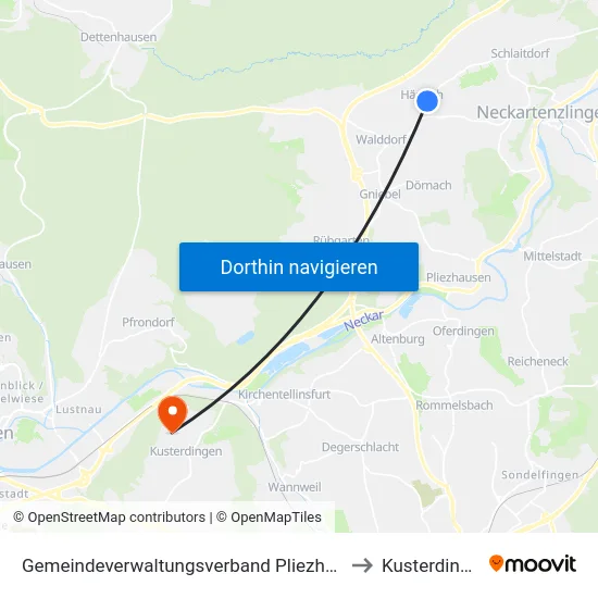 Gemeindeverwaltungsverband Pliezhausen to Kusterdingen map