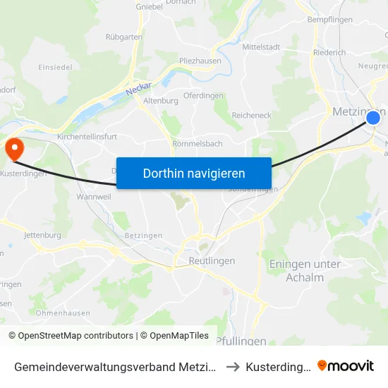 Gemeindeverwaltungsverband Metzingen to Kusterdingen map