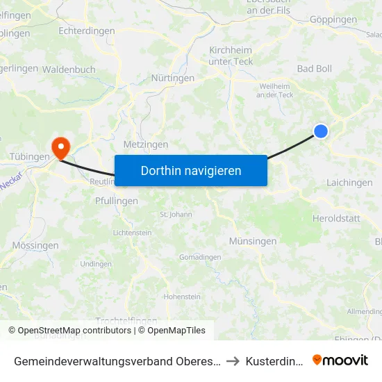 Gemeindeverwaltungsverband Oberes Filstal to Kusterdingen map