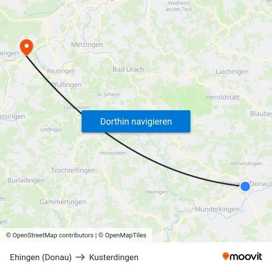Ehingen (Donau) to Kusterdingen map