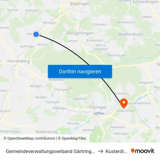 Gemeindeverwaltungsverband Gärtringen/Ehningen to Kusterdingen map