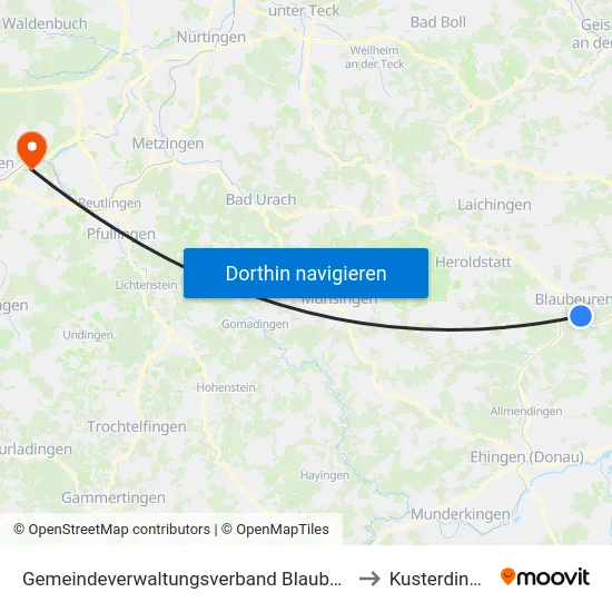 Gemeindeverwaltungsverband Blaubeuren to Kusterdingen map