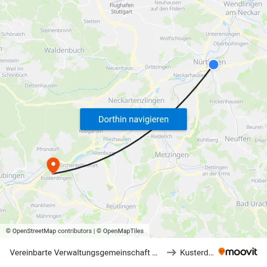 Vereinbarte Verwaltungsgemeinschaft Der Stadt Nürtingen to Kusterdingen map