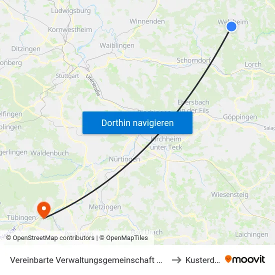 Vereinbarte Verwaltungsgemeinschaft Der Stadt Welzheim to Kusterdingen map