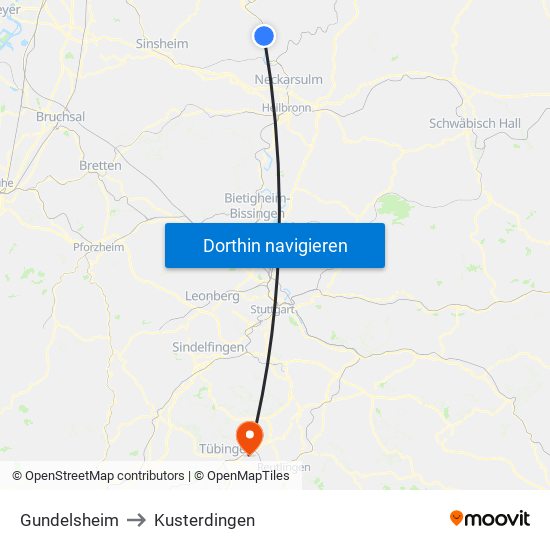 Gundelsheim to Kusterdingen map