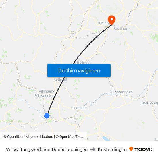 Verwaltungsverband Donaueschingen to Kusterdingen map