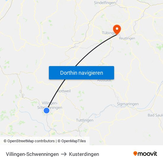 Villingen-Schwenningen to Kusterdingen map