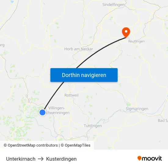 Unterkirnach to Kusterdingen map