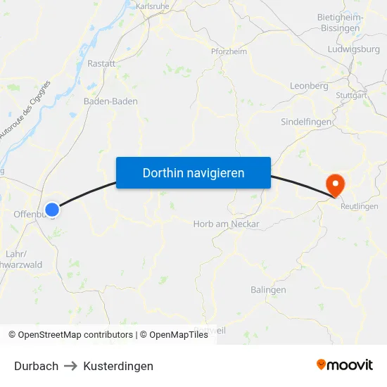 Durbach to Kusterdingen map
