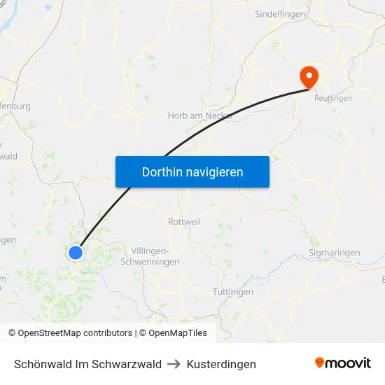 Schönwald Im Schwarzwald to Kusterdingen map