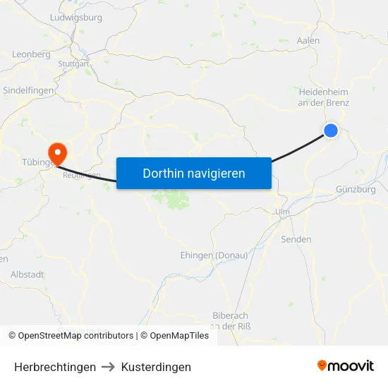 Herbrechtingen to Kusterdingen map