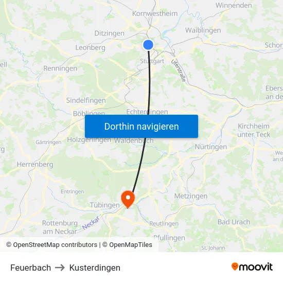 Feuerbach to Kusterdingen map