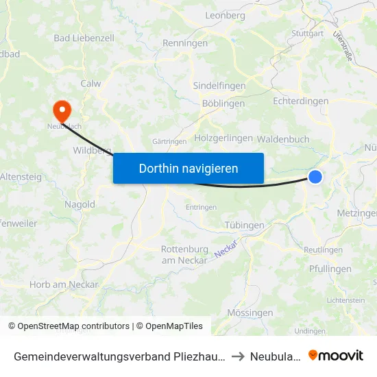 Gemeindeverwaltungsverband Pliezhausen to Neubulach map