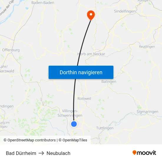 Bad Dürrheim to Neubulach map