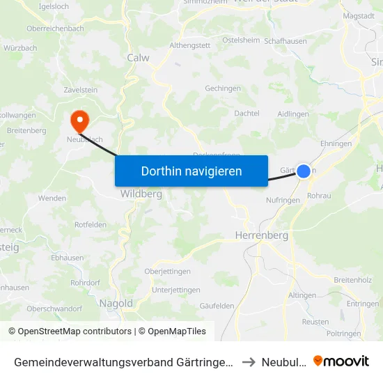 Gemeindeverwaltungsverband Gärtringen/Ehningen to Neubulach map