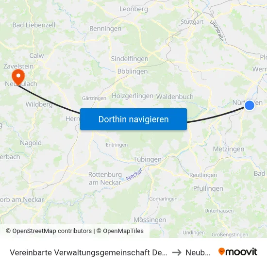 Vereinbarte Verwaltungsgemeinschaft Der Stadt Nürtingen to Neubulach map
