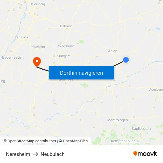 Neresheim to Neubulach map