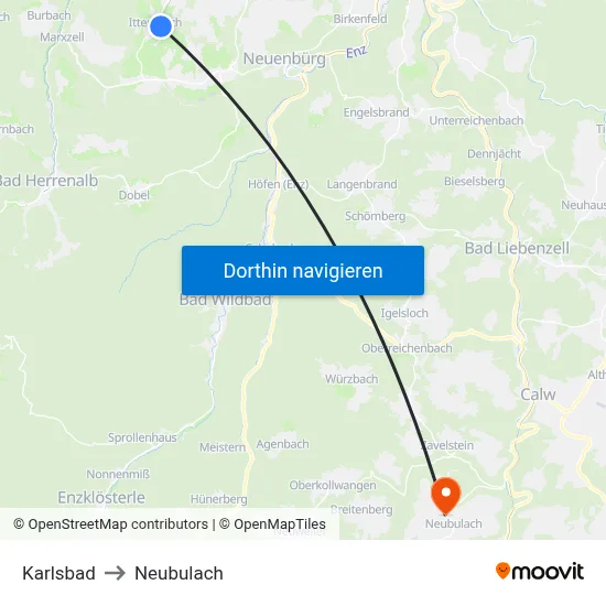 Karlsbad to Neubulach map