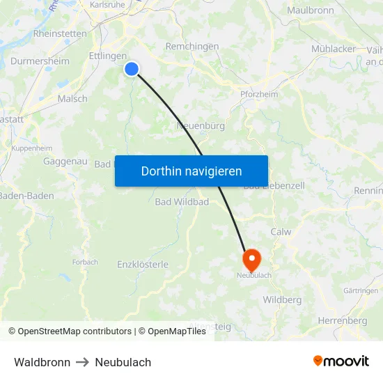Waldbronn to Neubulach map