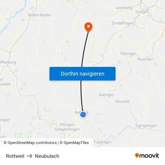 Rottweil to Neubulach map