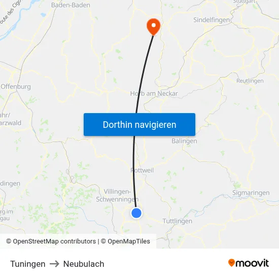 Tuningen to Neubulach map