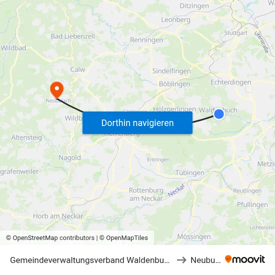 Gemeindeverwaltungsverband Waldenbuch/Steinenbronn to Neubulach map