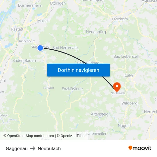 Gaggenau to Neubulach map